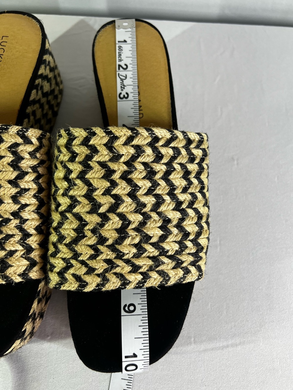 Lucky Brand Beffani Wedge Sandals Size 9 Black Cream Woven Jute Espadrille Boho - Picture 3 of 12